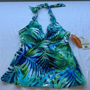 Women's Caribbean Joe Tropical Palm Halter Tankini Swimsuit Top, Size 14